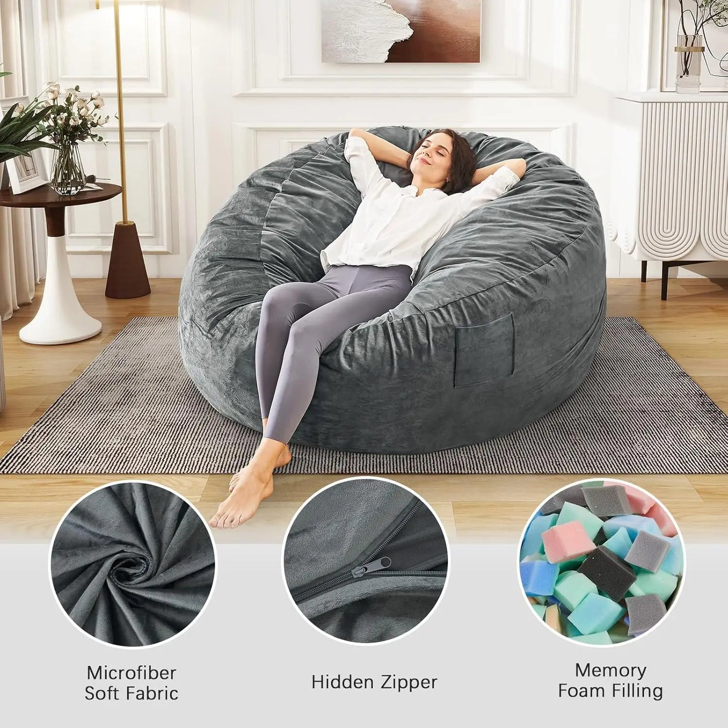 Convertible Bean Bag Chair to Bed, Microfiber Cover w/Foam Filler
