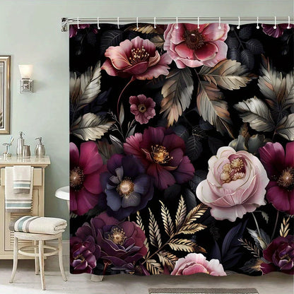 Magenta, Pink, Purple, White Flowers on Black, Polyester, Shower Curtain