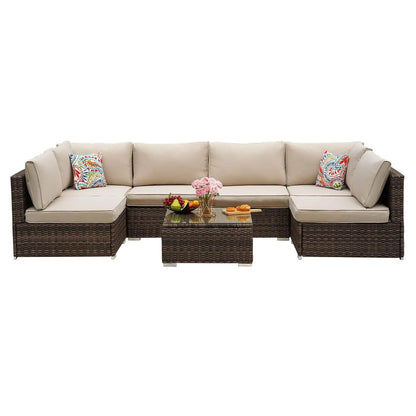 7pc Patio Sectional Wicker Sofa Set, All-Weather Cushions, Glass Table