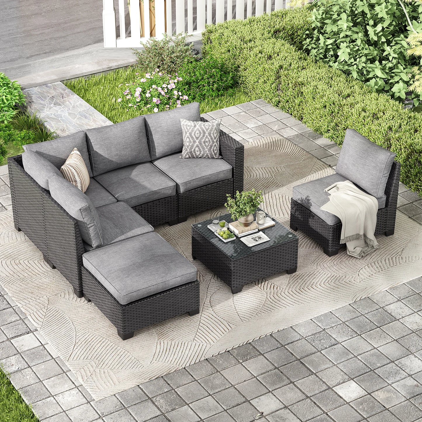 Patio Sectional Sofa Set w/Ottoman, Water/Oil/Stain-Resistant Fabric