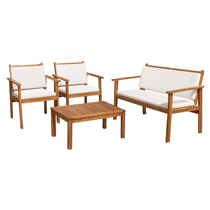 4pc Outdoor Patio Acacia Wood Sofa Set w/Table & Cushions