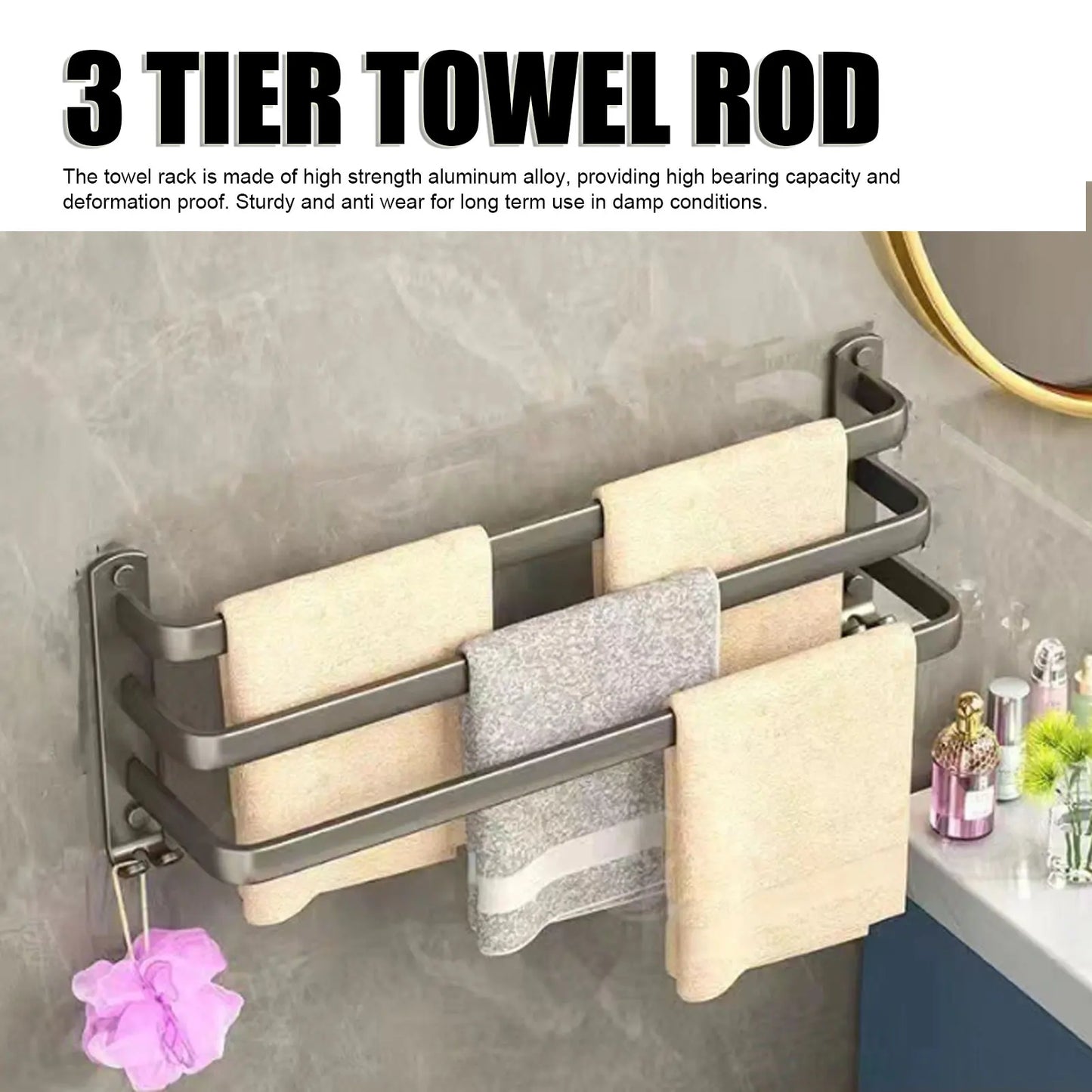 Wall Mounted Towel Rack, Organizer 3 Tier Towel Rod