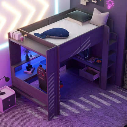Full Wood Gaming Loft, Bed, Desk, Storage Shelves, LED, Charging