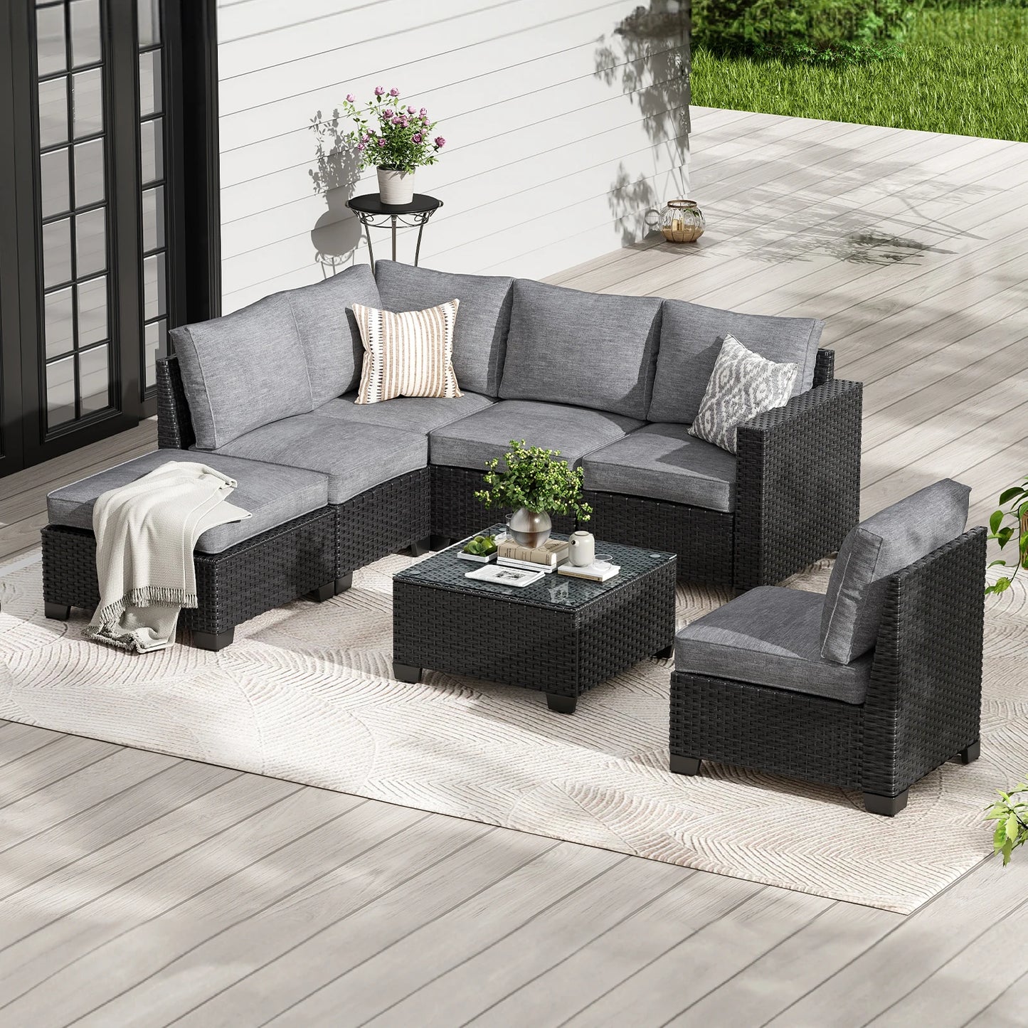 Patio Sectional Sofa Set w/Ottoman, Water/Oil/Stain-Resistant Fabric