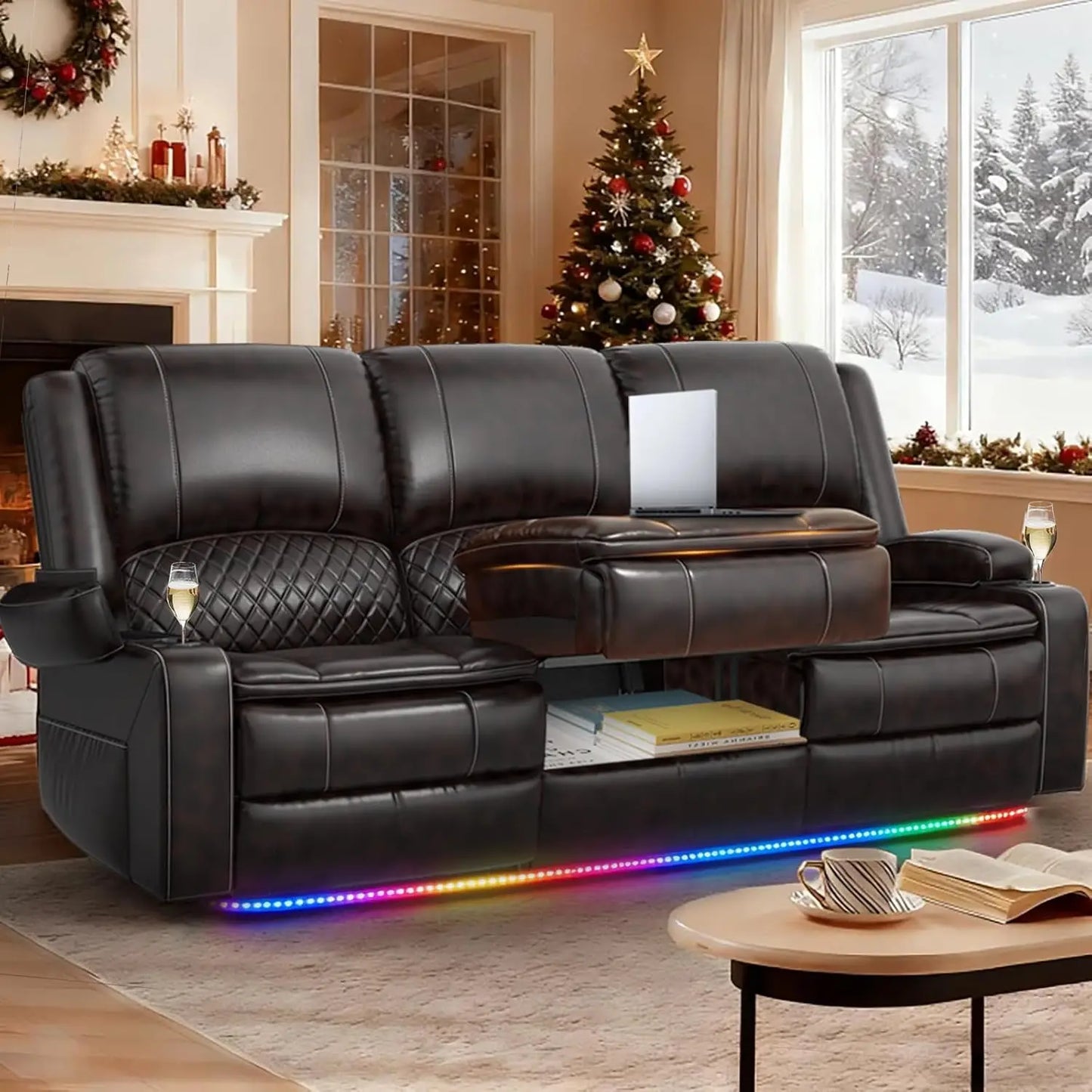 PU Leather Recliner Sofa w/Console, Cup Holders, USB Ports,