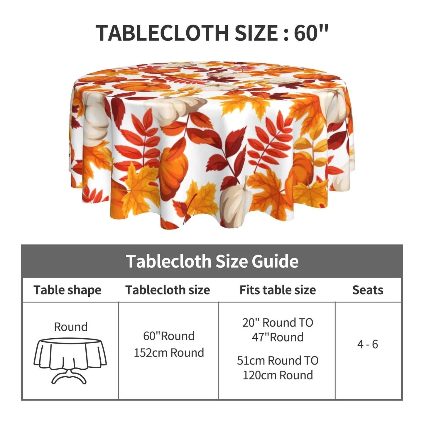 Round Fall Thanksgiving Pumpkin Maple Leaf Print Tablecloth, 2-sizes