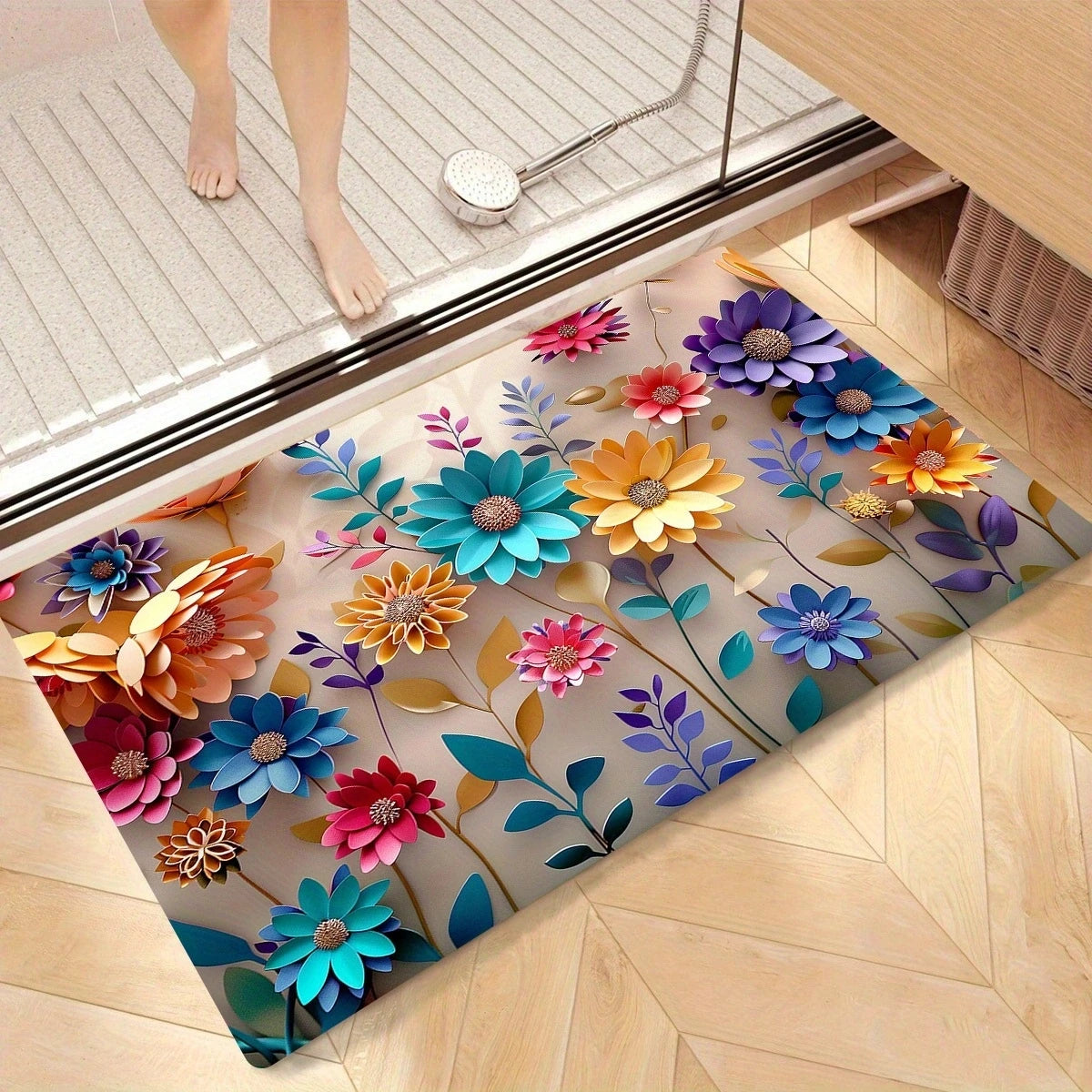 1pc Multi-Color Floral Print Design Bathroom Mat, Anti-Slip