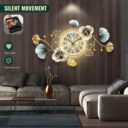 Golden Modern 3D Ginkgo Leaf Wall Clock, 37"x20 "