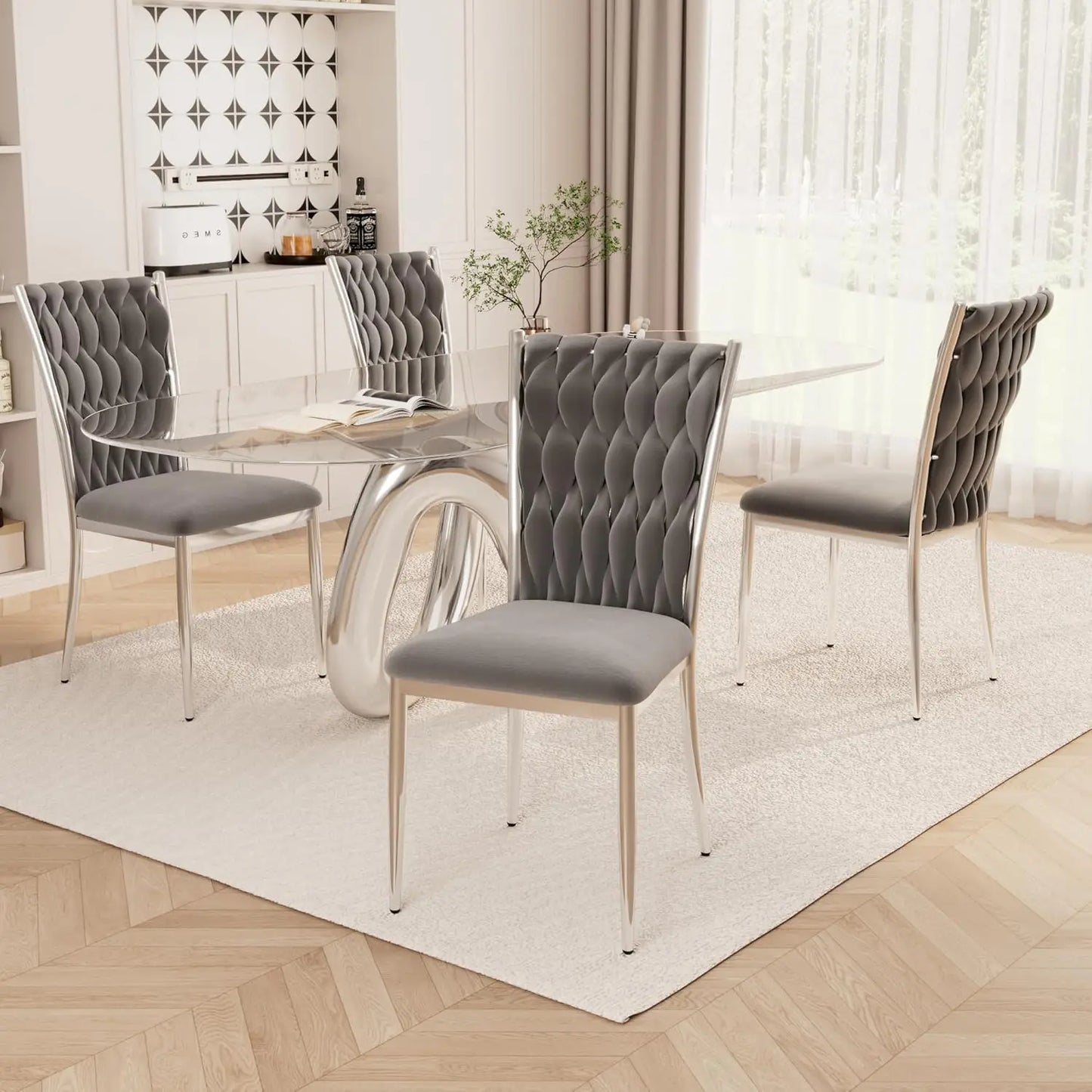 Set (4) Modern Velvet Upholstered Dining Chairs w/Gold Metal Legs