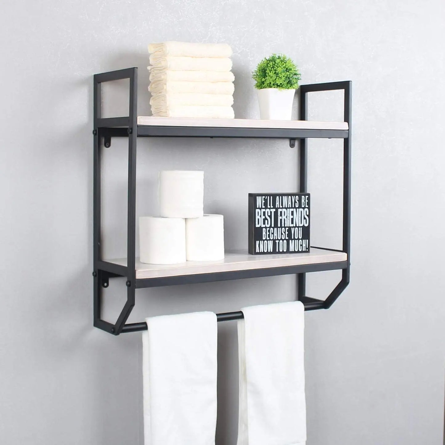 2-Tier Rustic White Metal Wall Towel Rack, Shelf, 23.6"