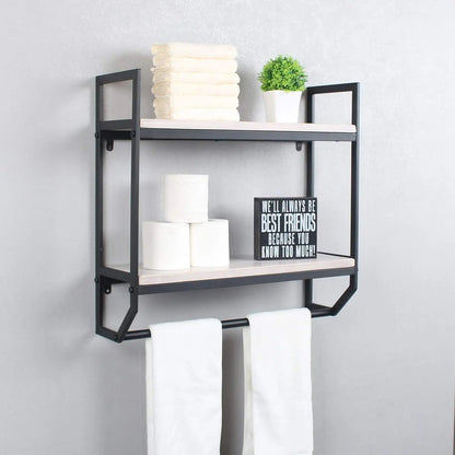 2-Tier Rustic White Metal Wall Towel Rack, Shelf, 23.6"