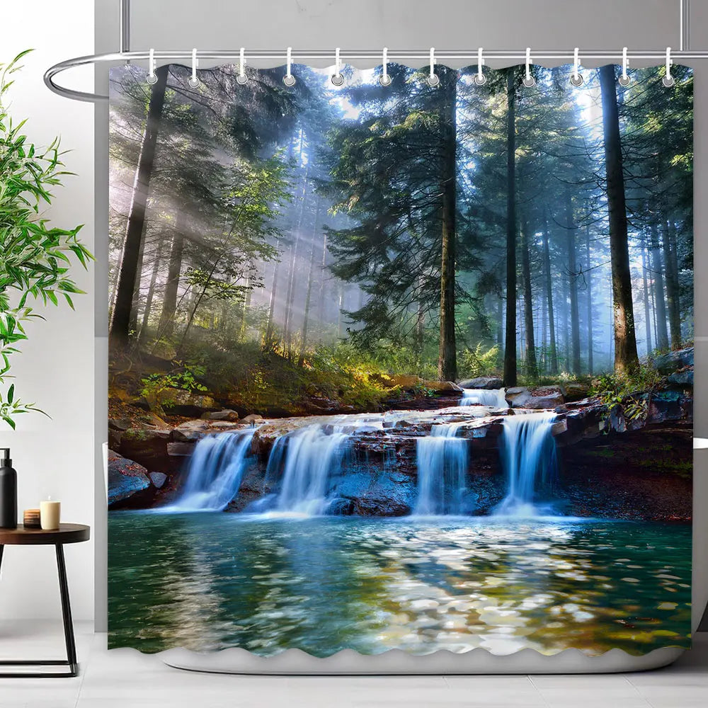 Scenic Shower Curtain Tropical Waterfall, Landscape Nature