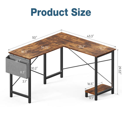 50" Corner Wooden Table with CPU Storage Shelf & Side Bag