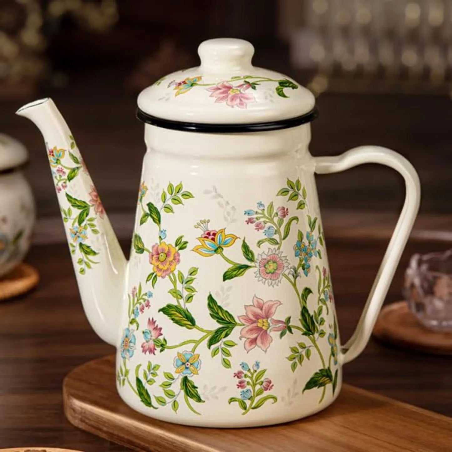 1.2L Enamel Stovetop Teapot with Vintage Floral Pattern