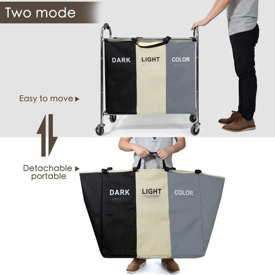 3 Section Laundry Bag Rack w/Wheels for Dirty Clothes