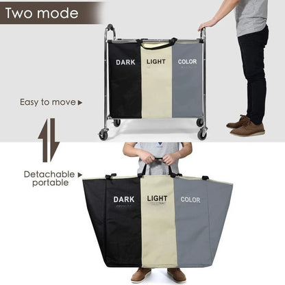 3 Section Laundry Bag Rack w/Wheels for Dirty Clothes