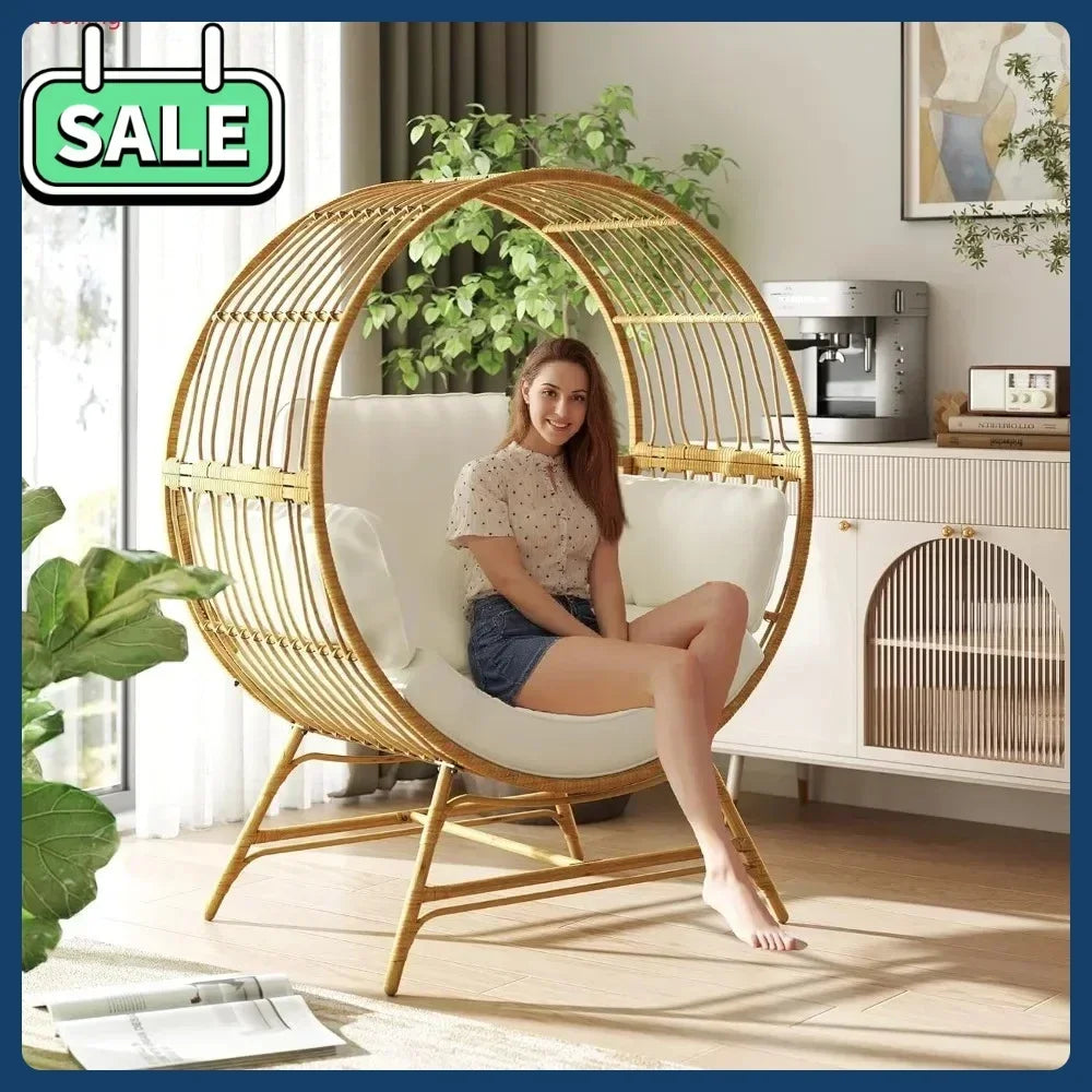 Oversized Wicker Rattan Chair w/Thick Cushion, 350LBS Capacity