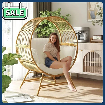 Oversized Wicker Rattan Chair w/Thick Cushion, 350LBS Capacity