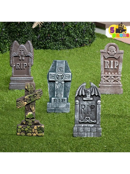 5pc - 17'' Halloween Foam RIP Graveyard Tombstones with Stakes,