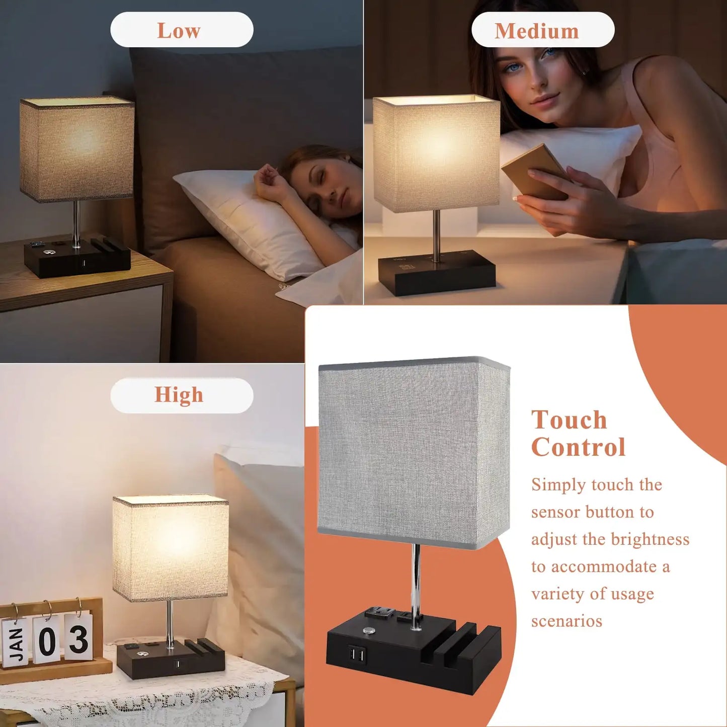 15.7" Bedside Dimmable Lamp, Dual USB Charging Ports