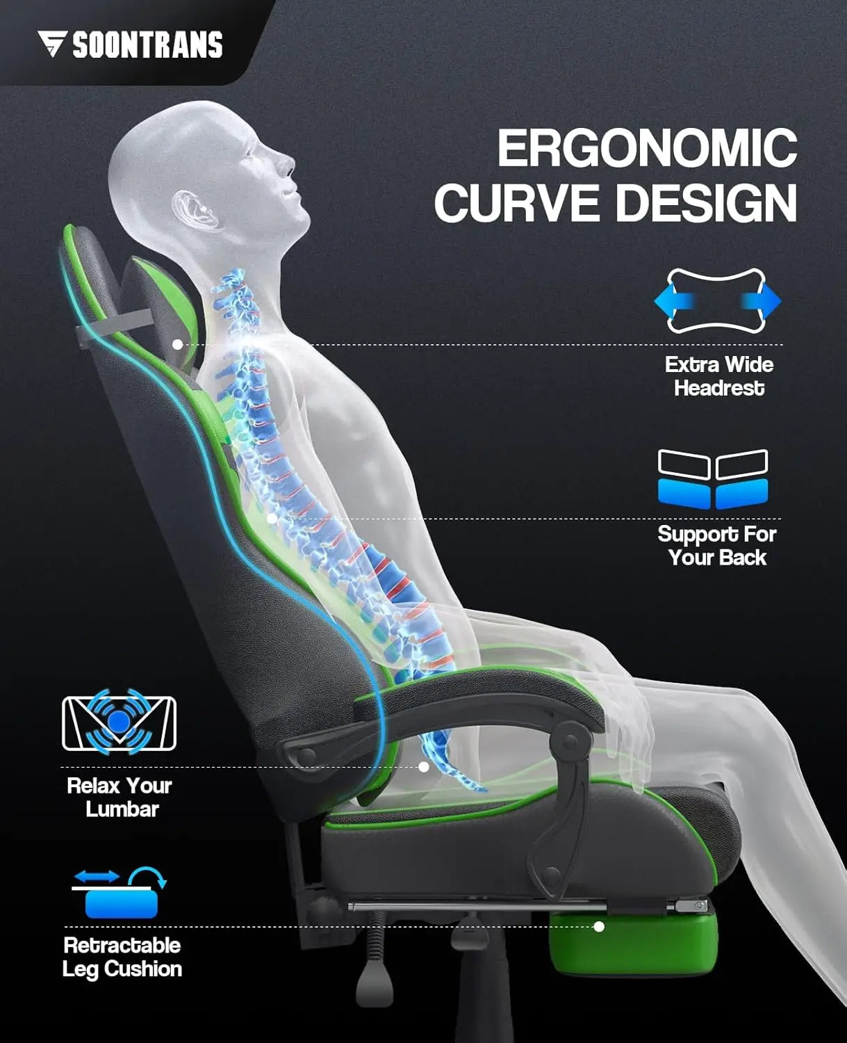 Ergonomic Adjustable Gaming Chair w/Footrest, Headrest, Lumbar Support