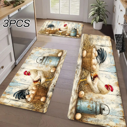 3pc Rustic Farmhouse Kitchen Rugs, Rooster, Chicken, Basket Pattern,