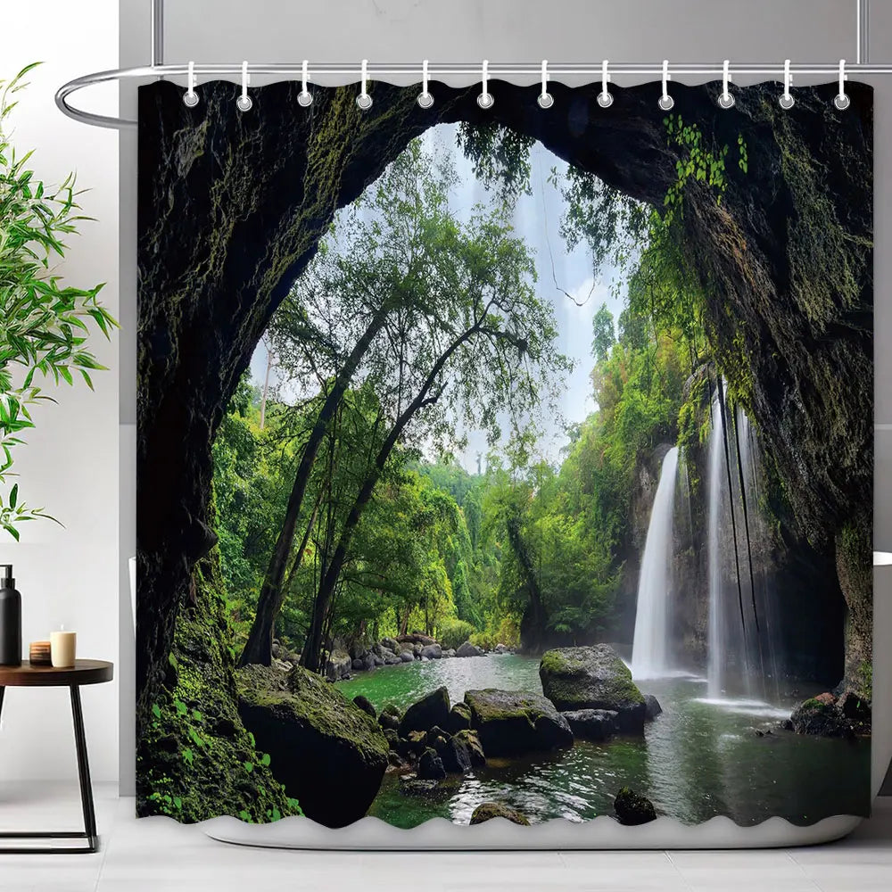 Scenic Shower Curtain Tropical Waterfall, Landscape Nature