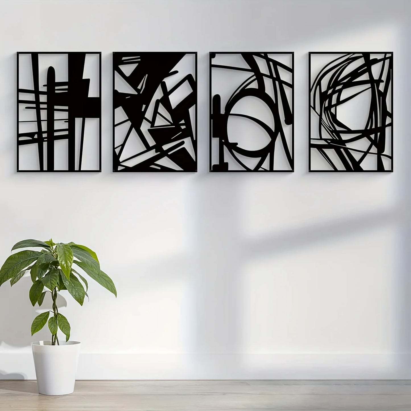 3D, 4pcs, Black Abstract Metal Wall Art, Minimalist Decor