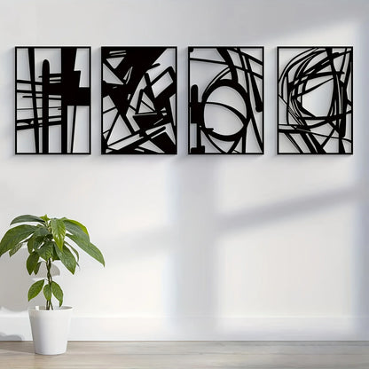 3D, 4pcs, Black Abstract Metal Wall Art, Minimalist Decor