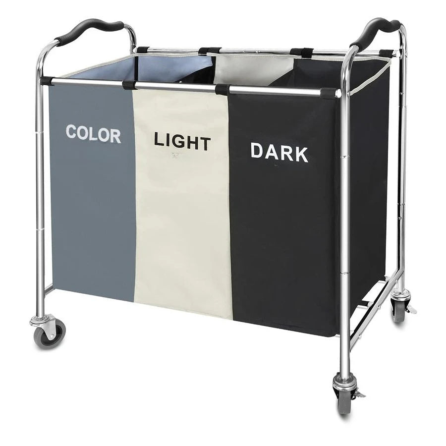 3 Section Laundry Bag Rack w/Wheels for Dirty Clothes