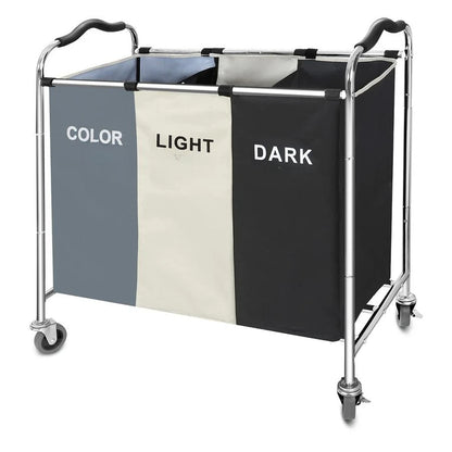 3 Section Laundry Bag Rack w/Wheels for Dirty Clothes