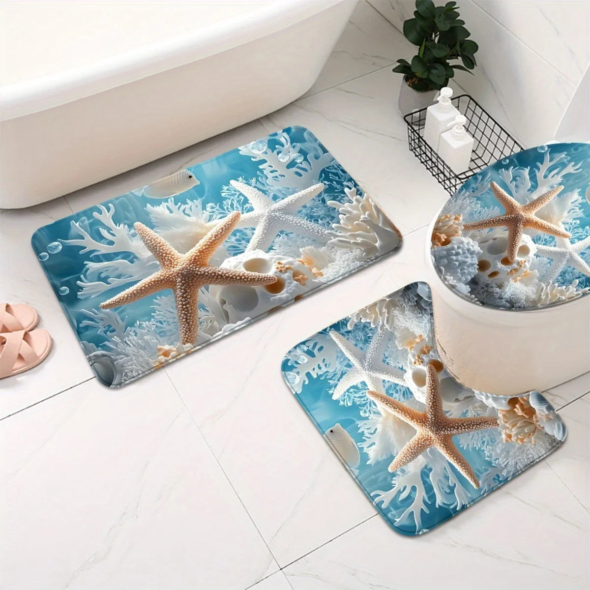 Ocean Theme 2D Flat Shower Curtain, Bathroom Set, Non Slip
