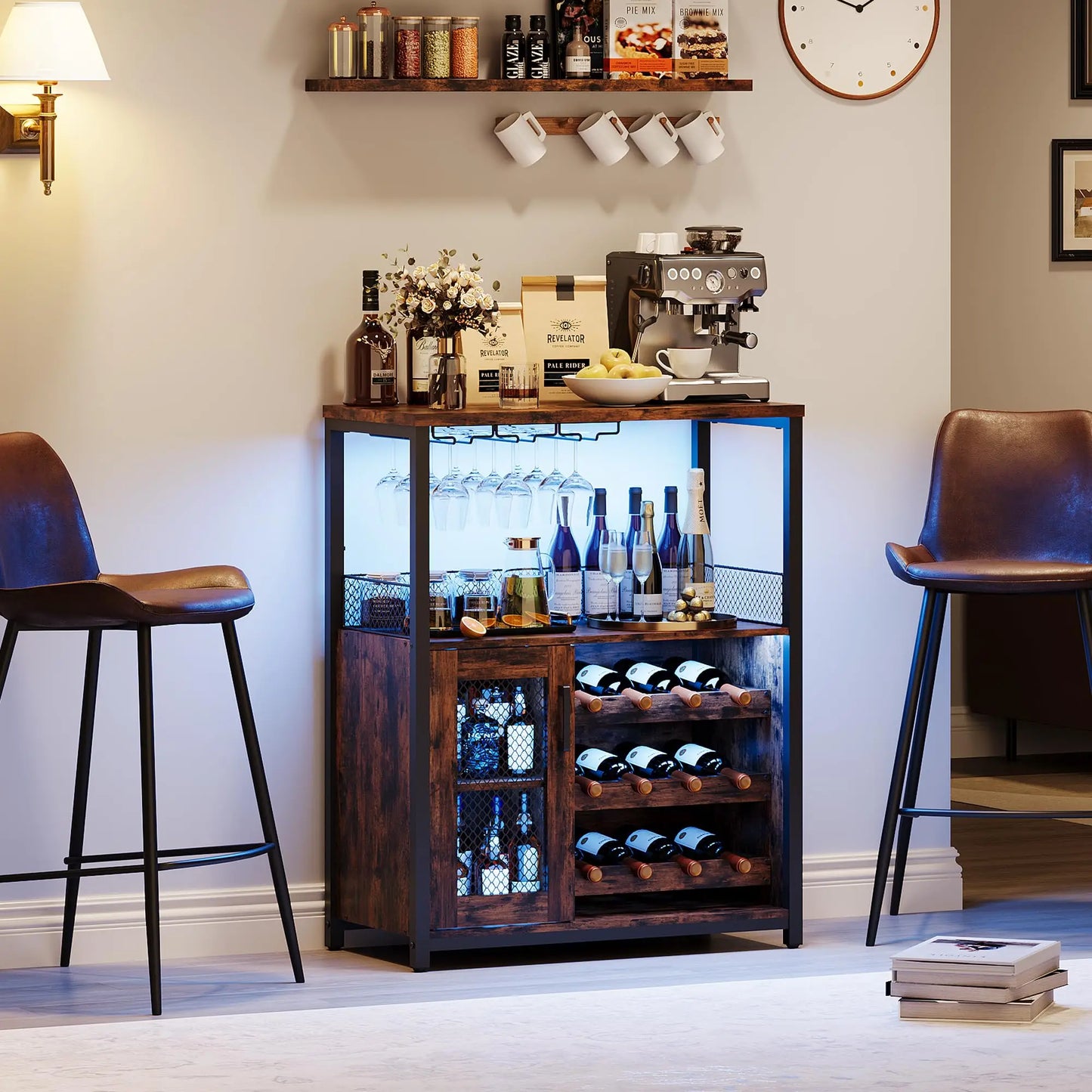 3-Tier Wine Bar Cabinet w/Adjustable Shelves & Glass Holders