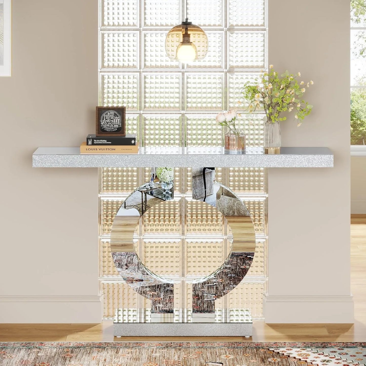 Mirrored Console Table with O-Shaped Base, Rectangle Accent Table
