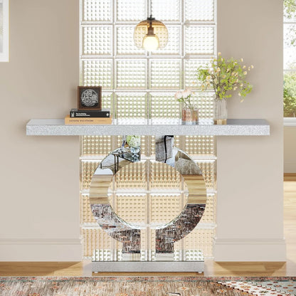 Mirrored Console Table with O-Shaped Base, Rectangle Accent Table