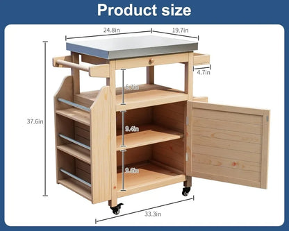 Stainless-Steel Outdoor BBQ Grill Table w/Storage, Wheels