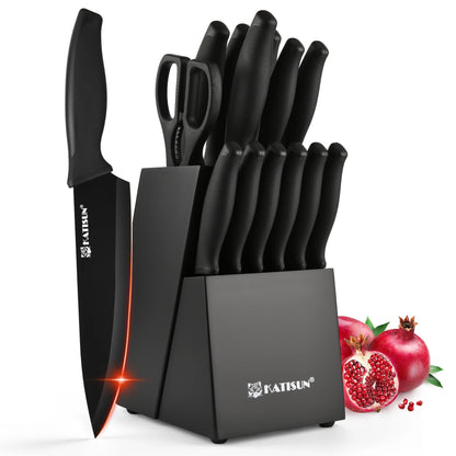 15 Pieces Carbon Steel Knife Set, Built-in Knife Sharpener,