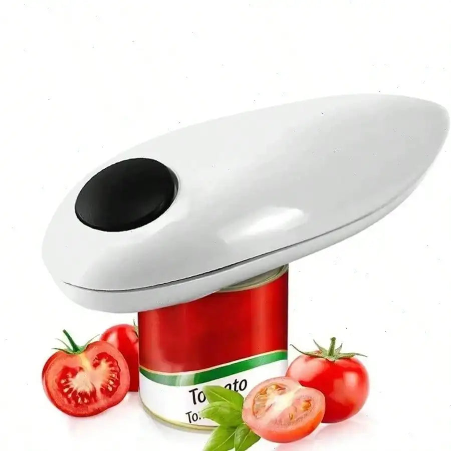 One-Touch Automatic Electric Can Opener, battery-powered and portable. It features one-touch operation with smooth safe edge, no sharp burrs. This practical kitchen tool easily opens various cans, jars and bottles for daily h