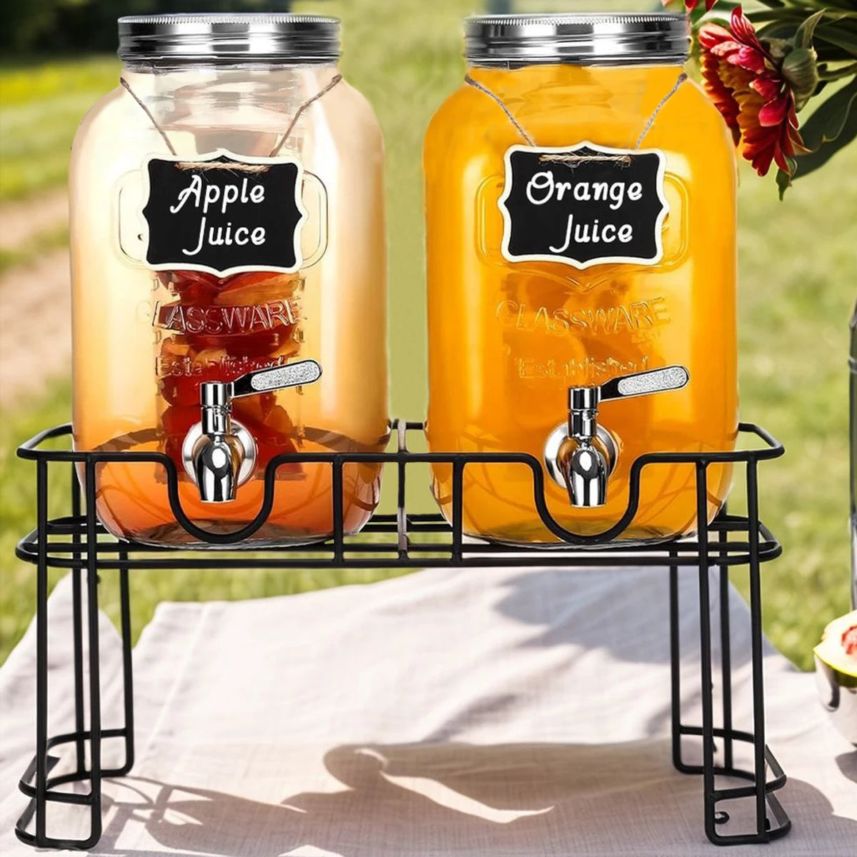 2pk 1gl Drink Dispenser, Glass w/Stand, Stainless Steel Faucet