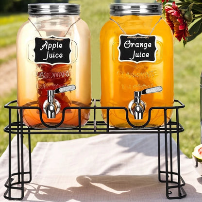 2pk 1gl Drink Dispenser, Glass w/Stand, Stainless Steel Faucet