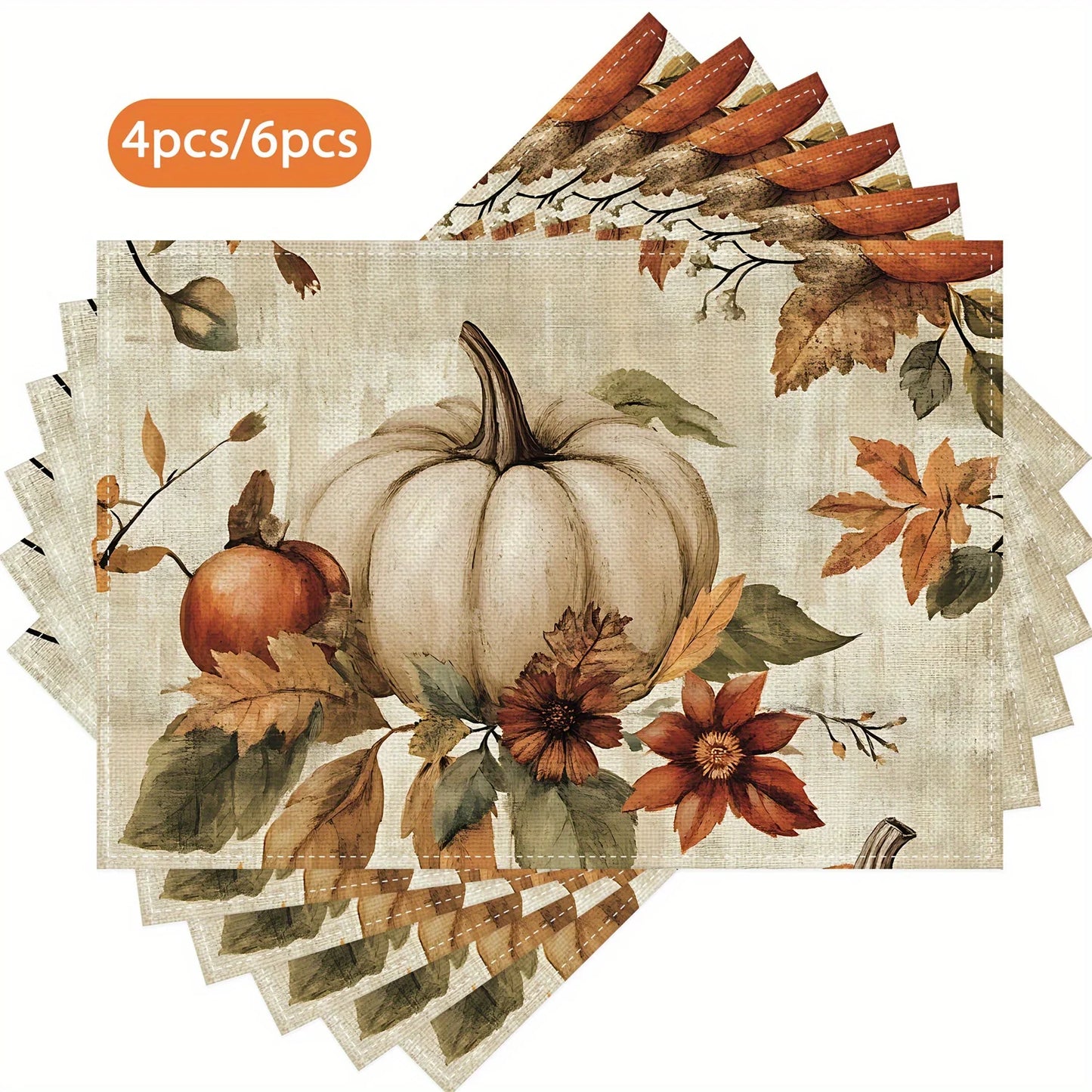 Fall Thanksgiving 4/ 6pcs Vintage Pumpkin Flowers Leaves Placemats 12"x18"