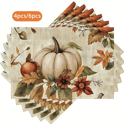 Fall Thanksgiving 4/ 6pcs Vintage Pumpkin Flowers Leaves Placemats 12"x18"