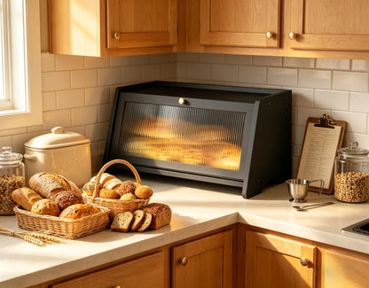 Large Black Bamboo Bread Box with Window & Air Vents