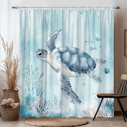 Sea Turtle Shower Curtain Blue Grey Coral Reef Underwater Design Polyester Fabric 12 Hooks Machine Washable Air Dry Modern Bathroom Decor Smooth Texture Turtle Theme Bathroom Curtain Waterproof Bath Curtain Ocean Style Bathro