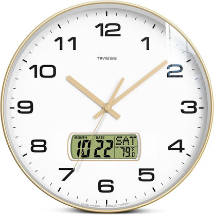 10"/12"/14" Wall Clock, 4 Color Options, Calendar and Temperature