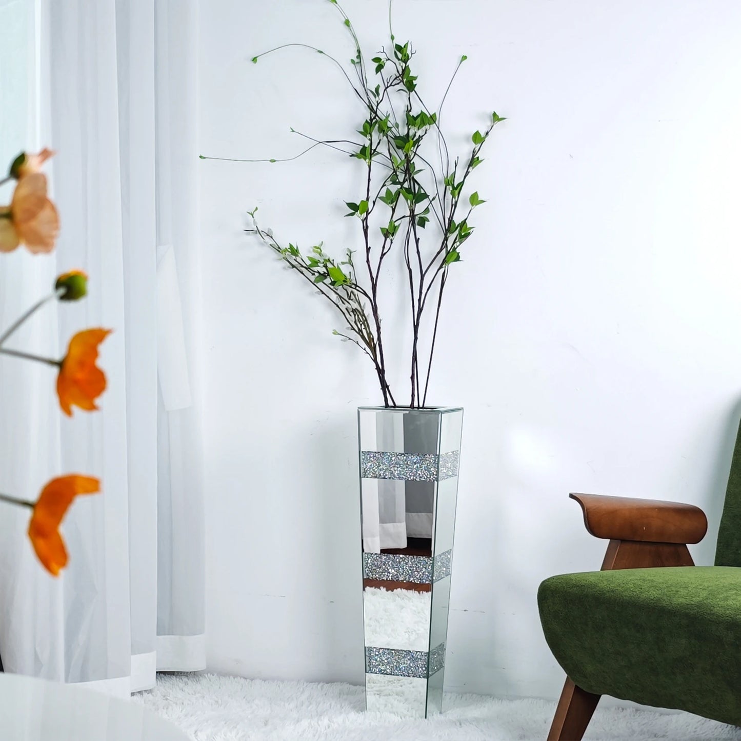 Tall Crystal Mirrored Diamond Floor Flower Vase