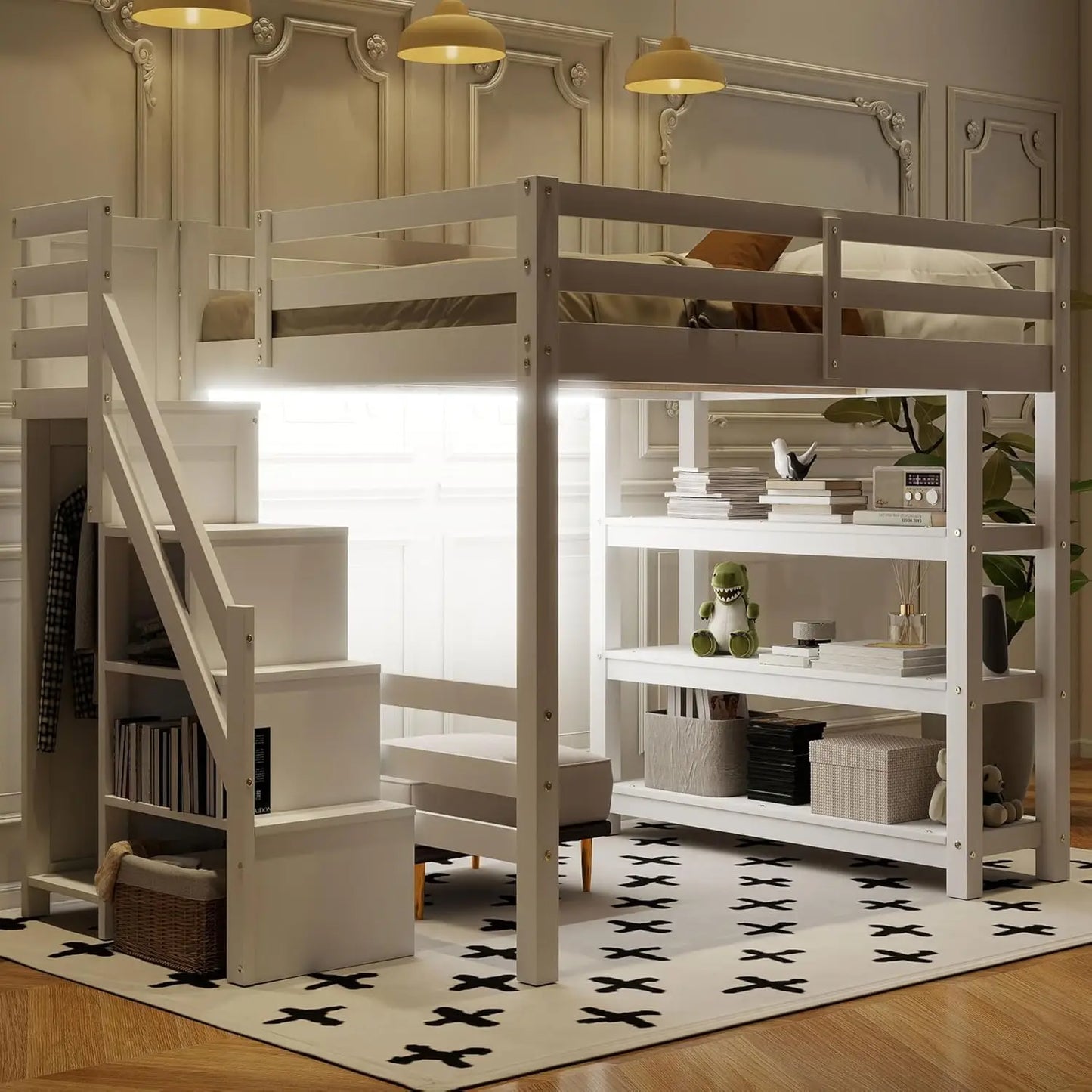 Full Wood Gaming Loft, Bed, Desk, Storage Shelves, LED, Charging