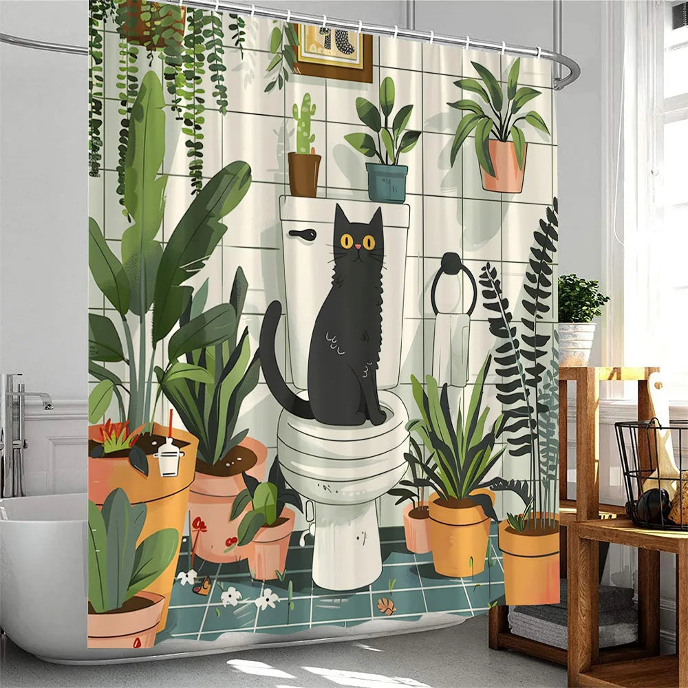 Cute Greenery Print Shower Curtain with Hooks