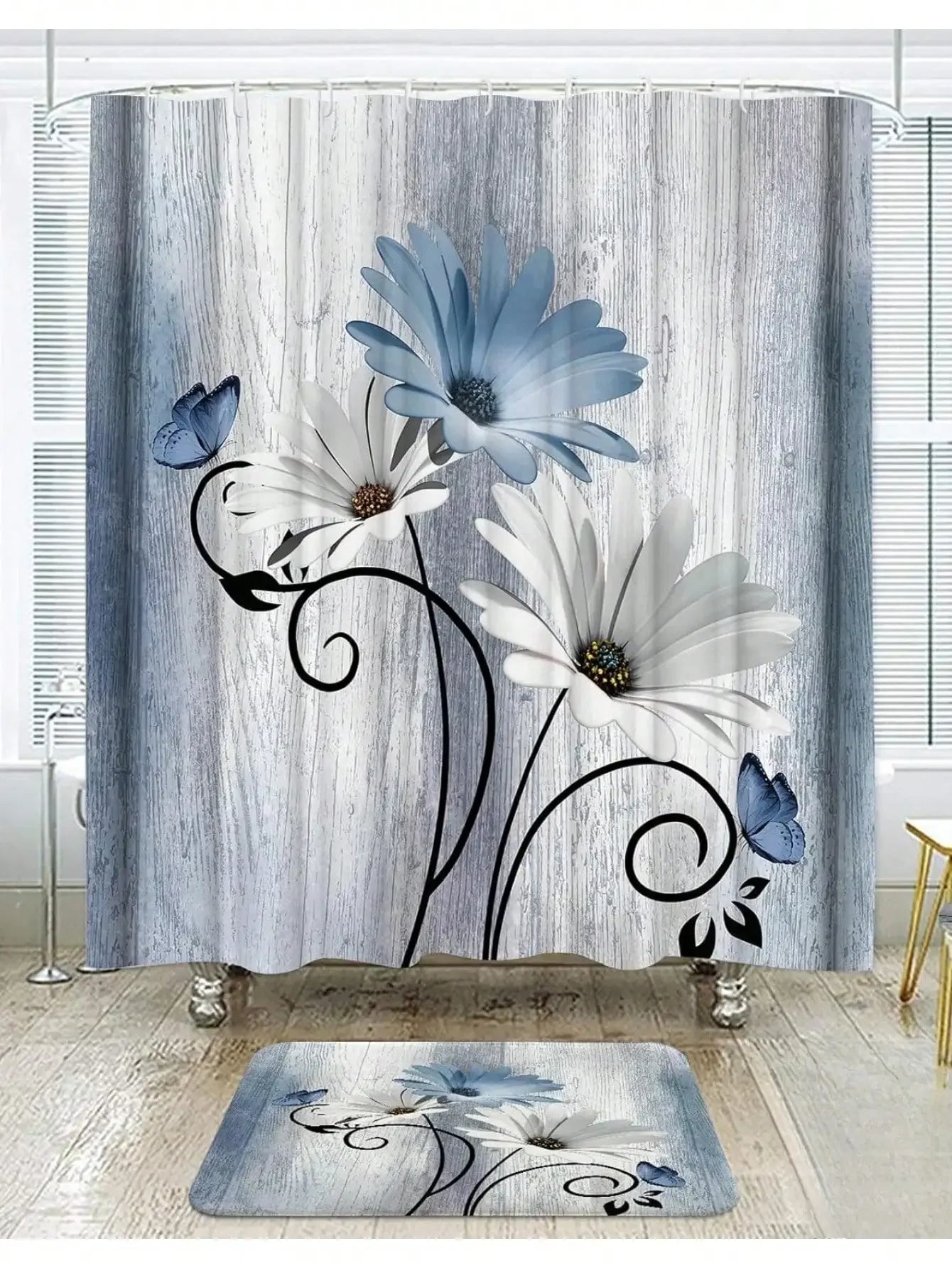 Floral Shower Curtain and Anti-Slip Bathroom Mat, Multi-Colors