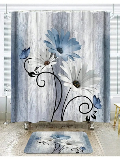 Floral Shower Curtain and Anti-Slip Bathroom Mat, Multi-Colors